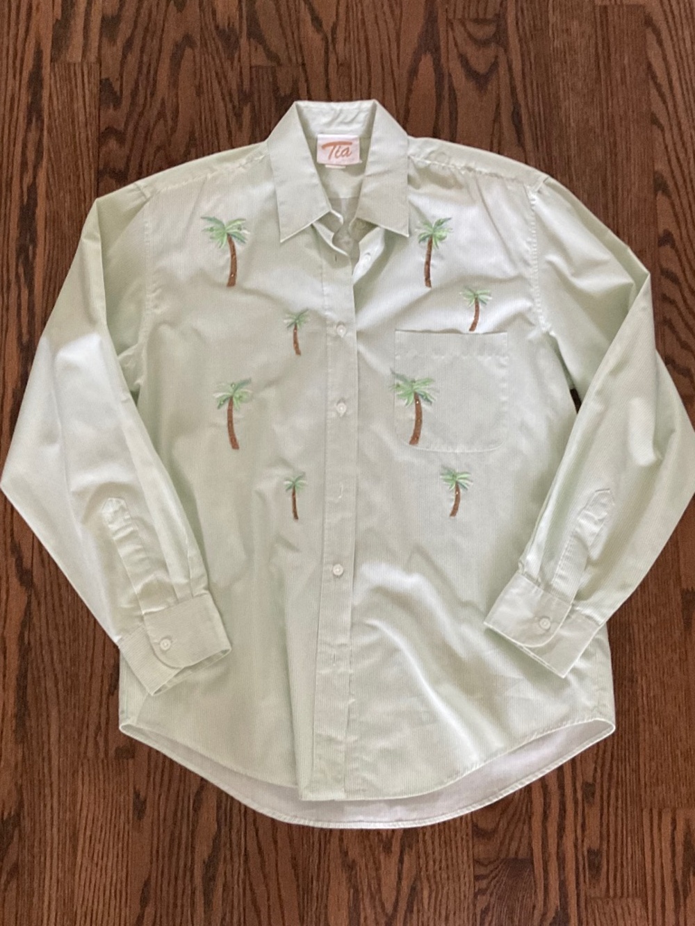 Tia Designs Women’s embellished vintage blouse, green light striped, size L